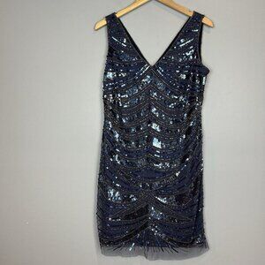 Vintage 90s Patra Sequin Blue Dress V-Neck Sheath Formal Cocktail Size 18